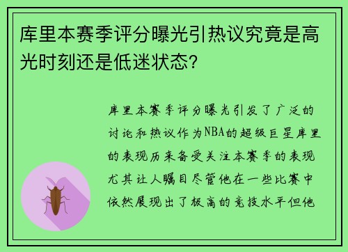 库里本赛季评分曝光引热议究竟是高光时刻还是低迷状态？