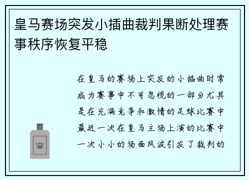 皇马赛场突发小插曲裁判果断处理赛事秩序恢复平稳